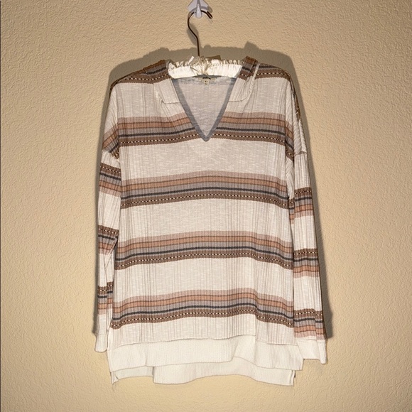 BKE Tops - BKE V-Neck Sweater with Cream and Tan Stripes
